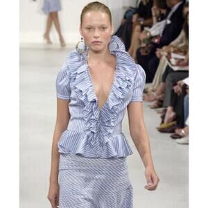 Ralph Lauren Collection Purple Label Blue Pinstripe Ruffle Silk Blouse Runway M